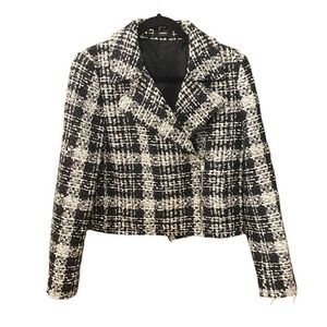 Theory tweed plaid side zip black white jacket chic preppy collared Size 4